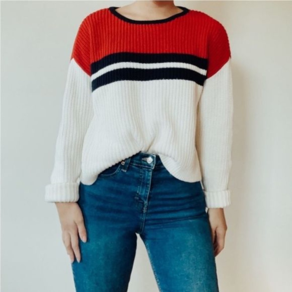 Kendall & Kylie Red/White/Navy Blue Striped Ribbed Knit Cropped Sweater Size S
